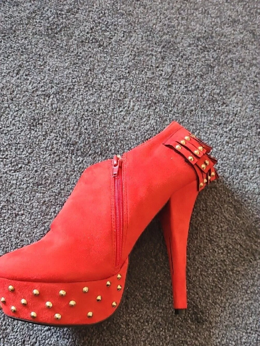 Red Studded Fringe Platform Ankle Heels - Women